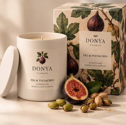 DONYA Fig and Pistachio hand-poured Persian soy candle with its floral gift box