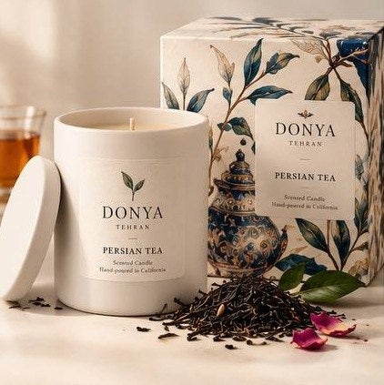 DONYA Persian Tea hand-poured Persian soy candle with its floral gift box