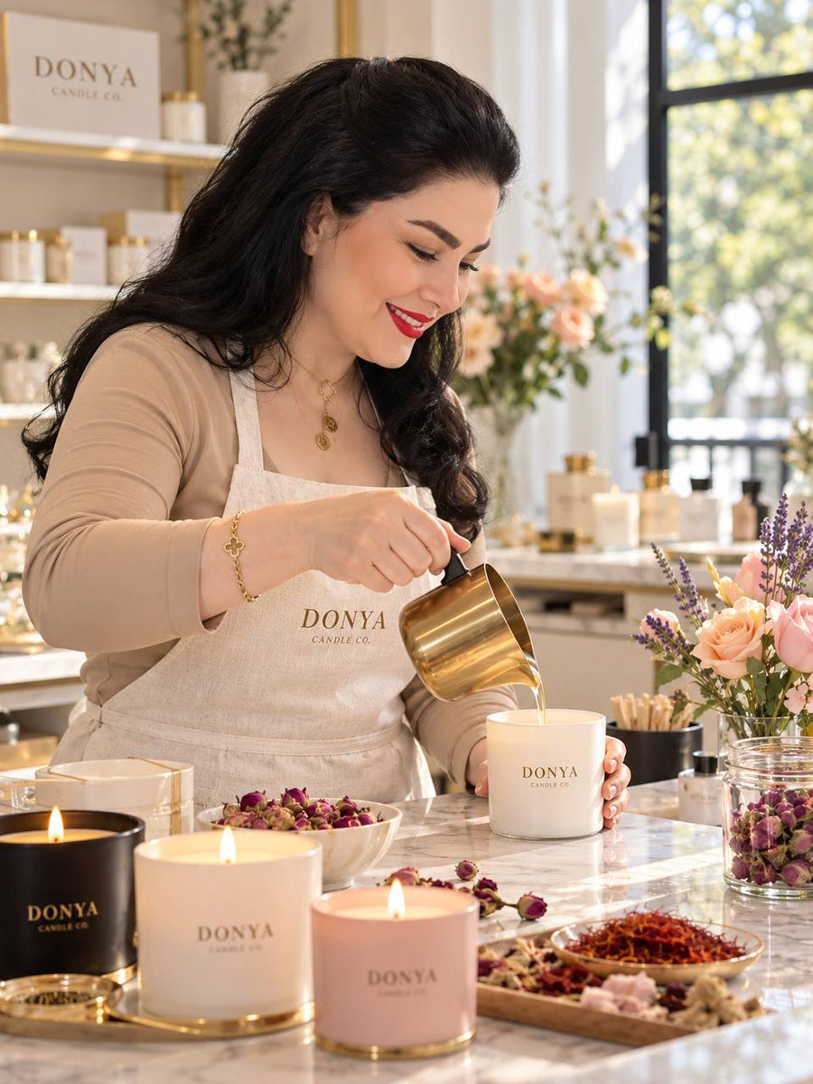 Donya, founder of DONYA Candles, hand-pouring a Persian soy candle in her studio