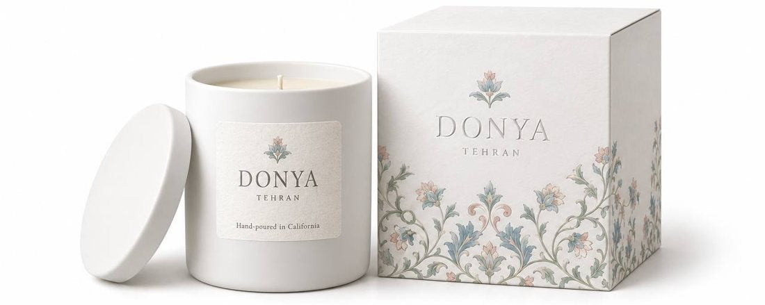 DONYA Tehran candle beside its floral gift box